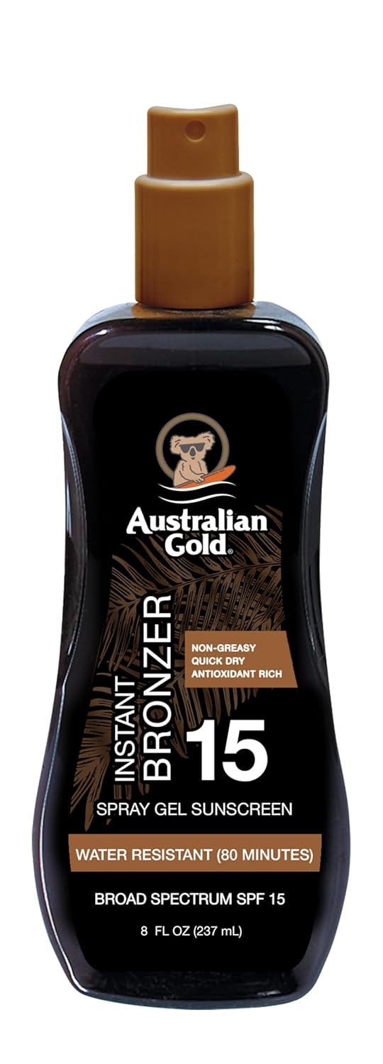 Australian Gold Spray Gel Sunscreen with Instant Bronzer SPF 15, 8 Ounce | Moisturize & Hydrate Skin | Broad Spectrum | Water Resistant | Non-Greasy SPF 15 8 Fl Oz (Pack of 1)