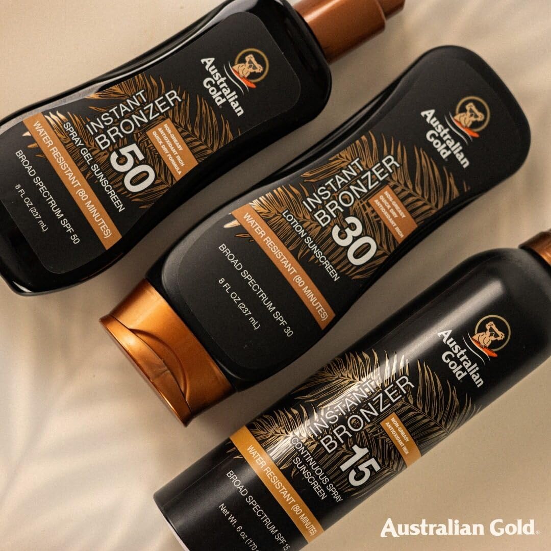 Australian Gold Spray Gel Sunscreen with Instant Bronzer SPF 15, 8 Ounce | Moisturize & Hydrate Skin | Broad Spectrum | Water Resistant | Non-Greasy SPF 15 8 Fl Oz (Pack of 1)