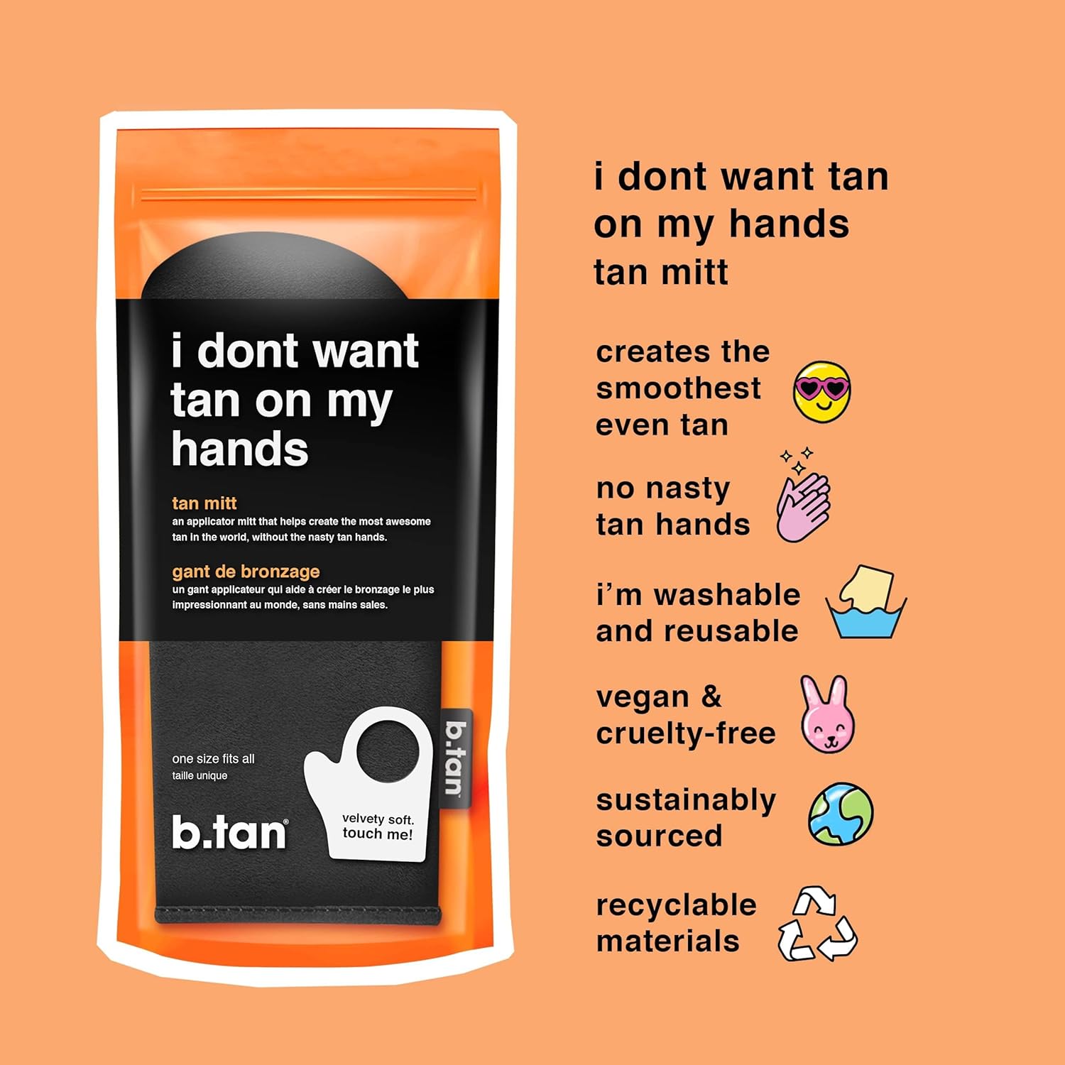 b.tan Self Tanning Mitt | I Don't Want Tan On My Hands - Sunless Tanner Applicator Glove w/Thumb, Streak-Free, Velvety Soft, Reusable, Face & Body, Great for Foam, Mousse, Gradual Lotion, & Drops